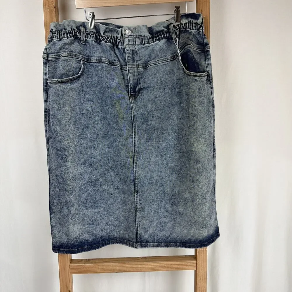 NWT Yesta Bleach Blue Zip Pockets Denim Skirt Elastic Waist #0905 Size 20 - Picture 1 of 6
